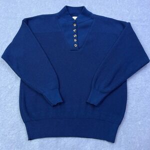 VTG Cabela's Sweater Mens Large Blue Henley Button Ribbed Mock Pullover USA Made